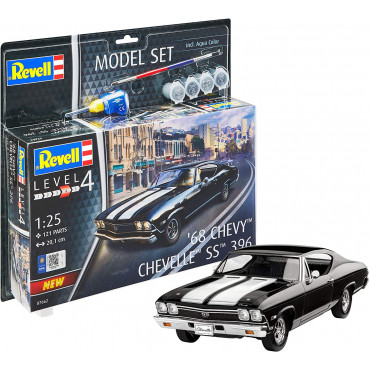 KIT PARA MONTAR REVELL MODEL SET CARRO CHEVY CHEVELLE SS 396 1968 1/25 121 PEÇAS COMPLETO COM TINTAS COLA E PINCEL REV 67662